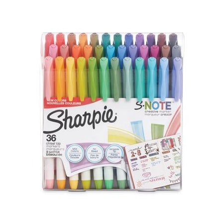 Sanford S-Note Creative Markers, Assorted Ink Colors, Bullet/Chisel Tip, Assorted Barrel Colors, 36PK 2148154